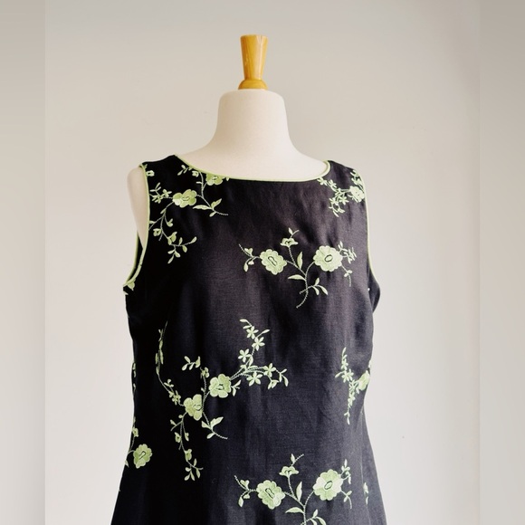 VINTAGE 90's JESSICA HOWARD PETITE Black and Green Linen Blend Floral Dress 14P - Picture 2 of 6